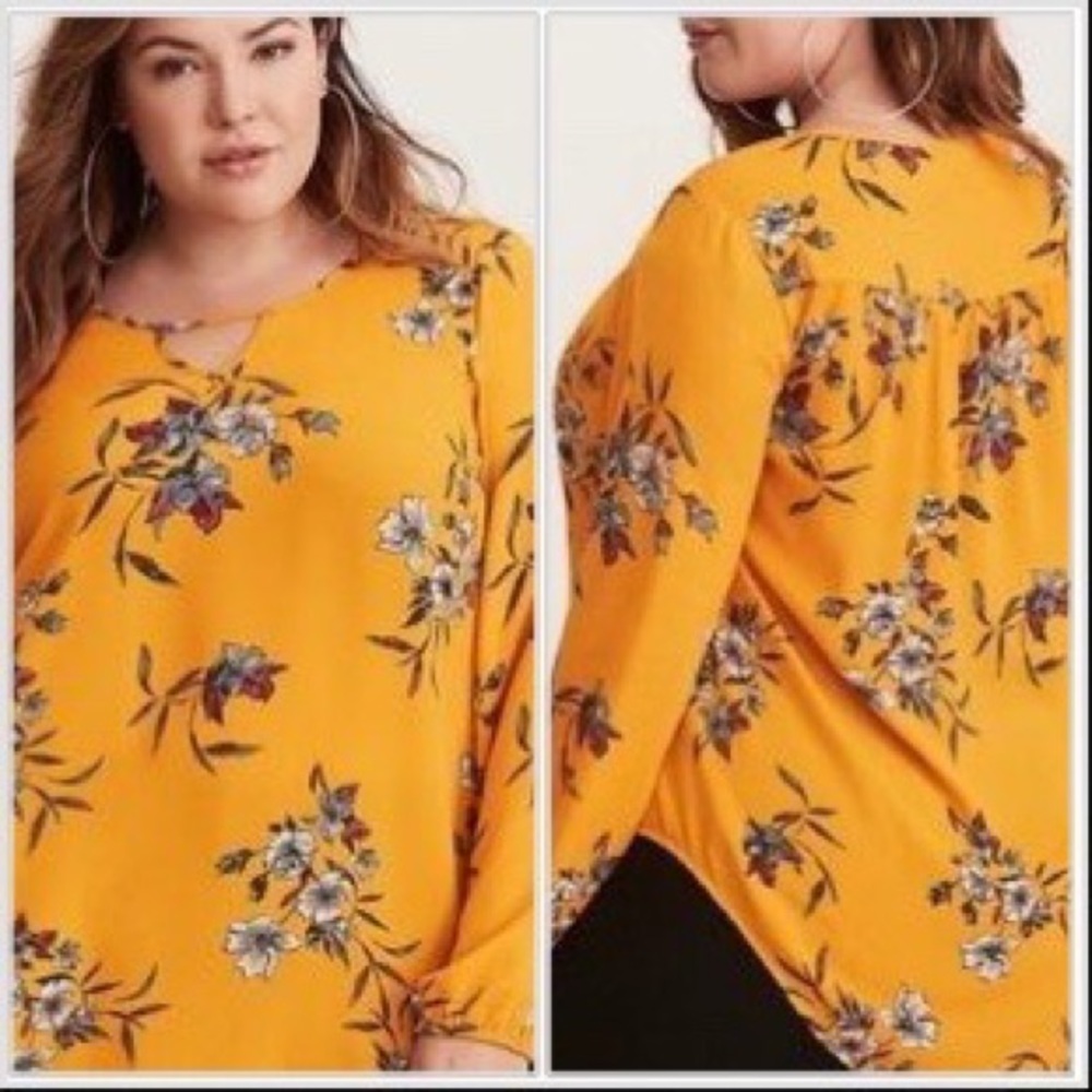 Torrid Georgette Mustard Yellow Floral Print Long Sleeve Keyhole Blouse